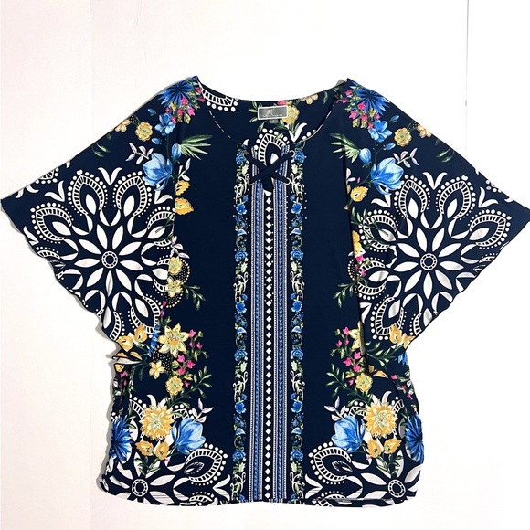 JM Collection Navy Mixed Print Flutter Short Sleeve Women’s Top L - Picture 5 of 10